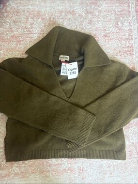 Open Edit Olive V-Neck Collared Sweater